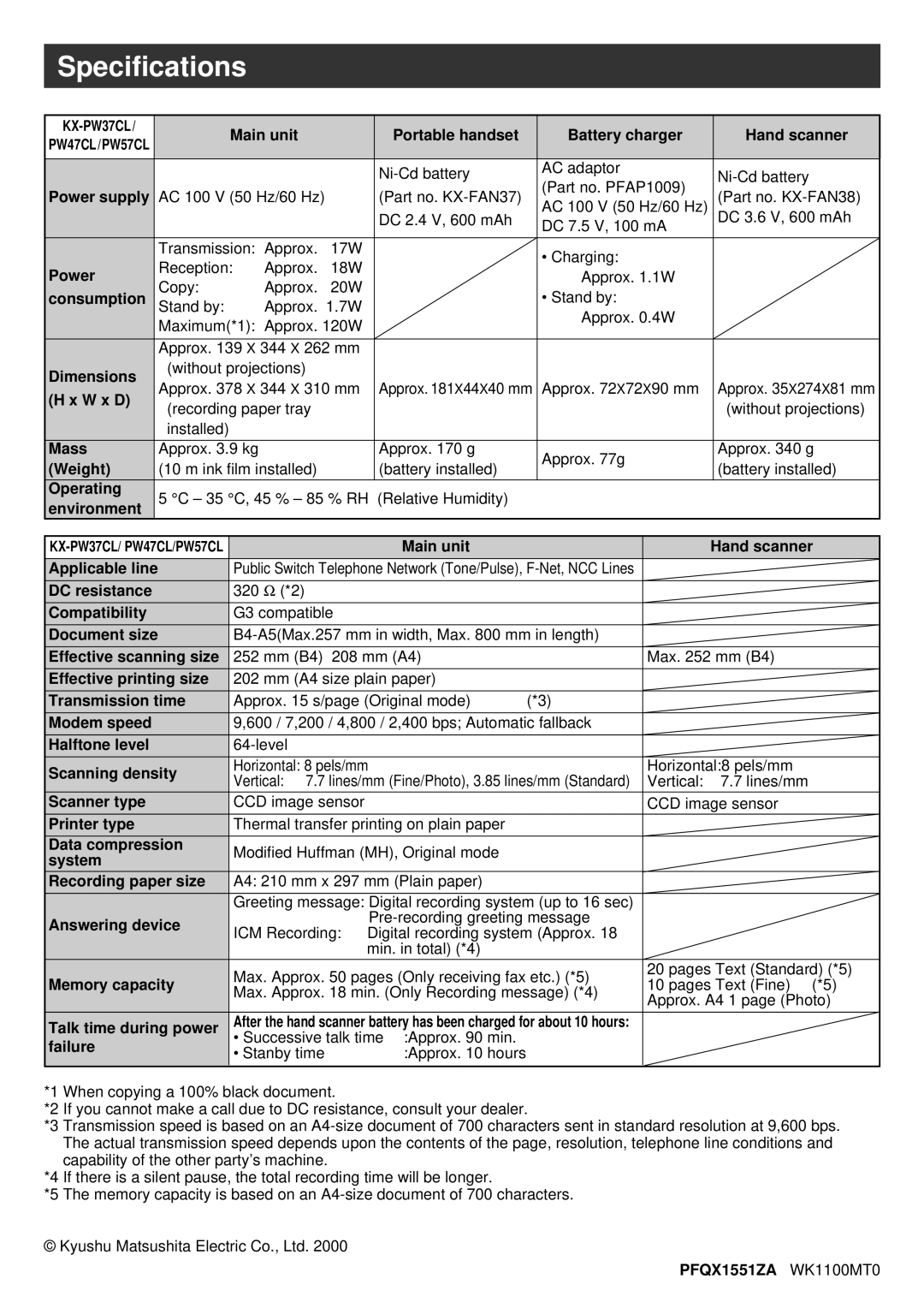 Panasonic KX-PW47CL, KX-PW57CL, KX-PW37CL specifications Specifications 