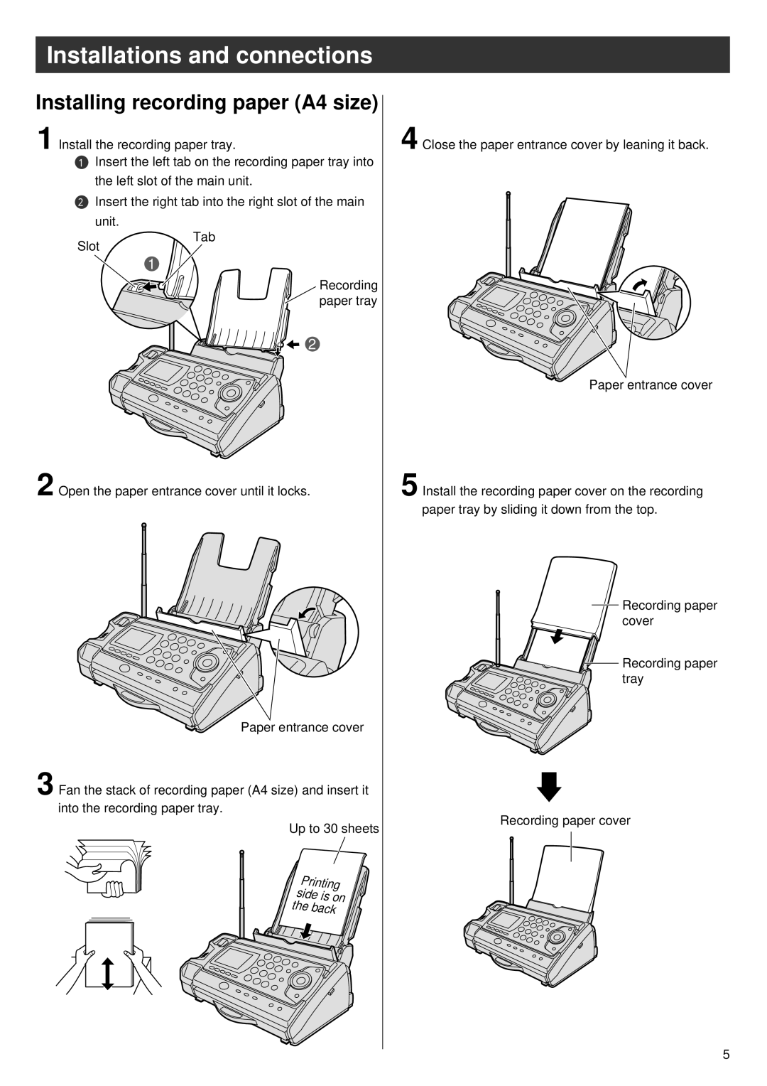 Panasonic KX-PW37CL, KX-PW57CL, KX-PW47CL specifications Installing recording paper A4 size, Printing side is on the back 