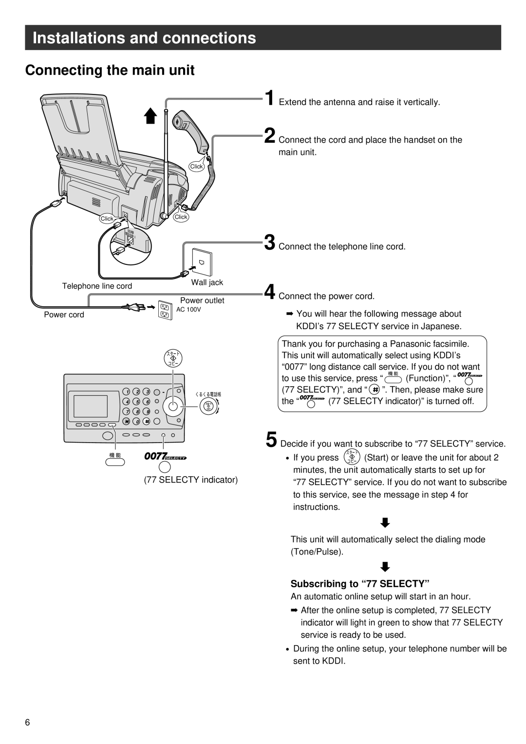 Panasonic KX-PW57CL, KX-PW47CL, KX-PW37CL specifications Connecting the main unit, Subscribing to 77 Selecty 