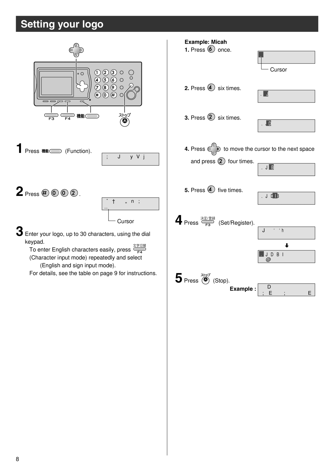 Panasonic KX-PW601DW, KX-PW601DL manual Setting your logo, Example Micah 