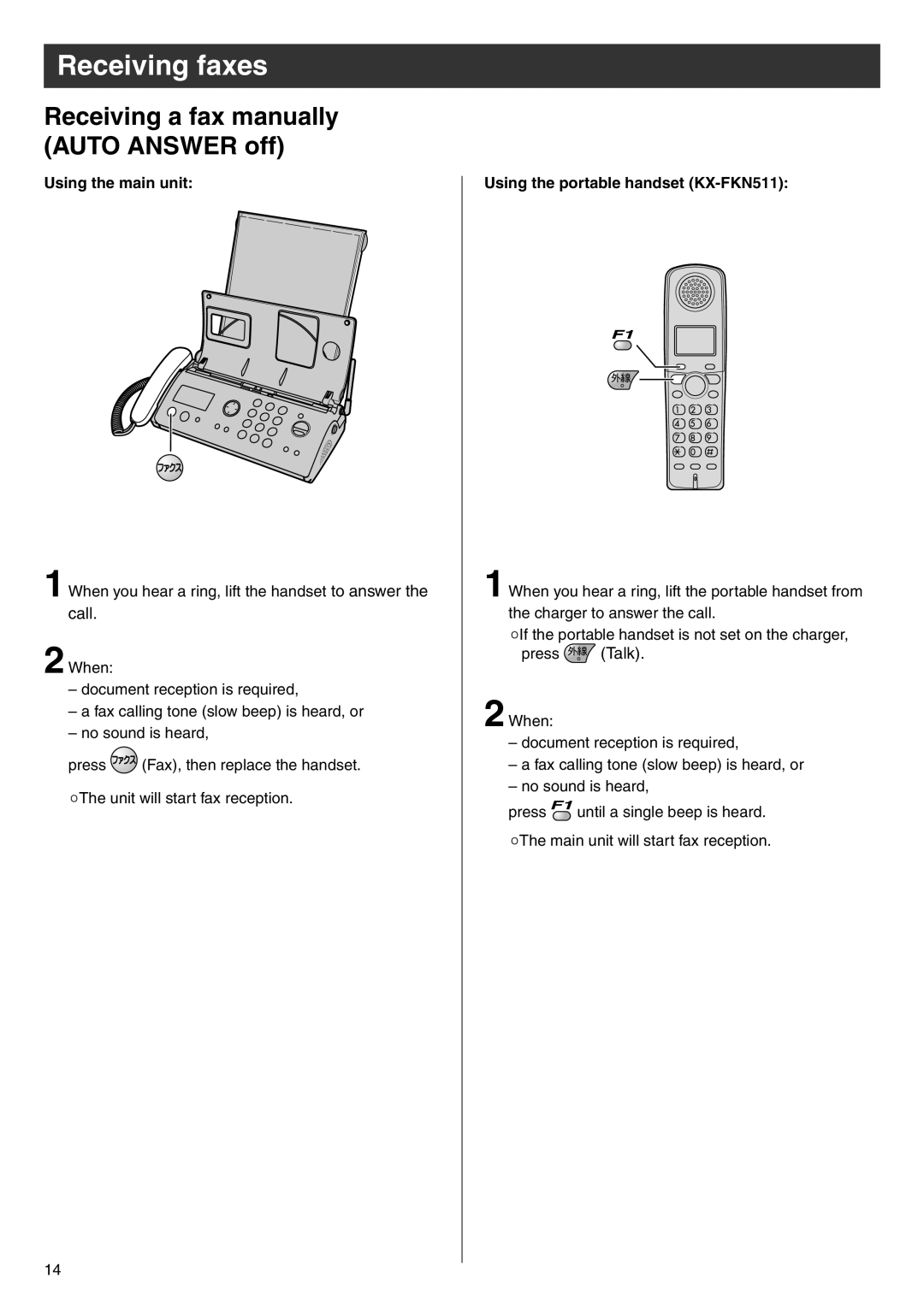 Panasonic KX-PW603DL Receiving faxes, Receiving a fax manually Auto Answer off, Using the main unit 