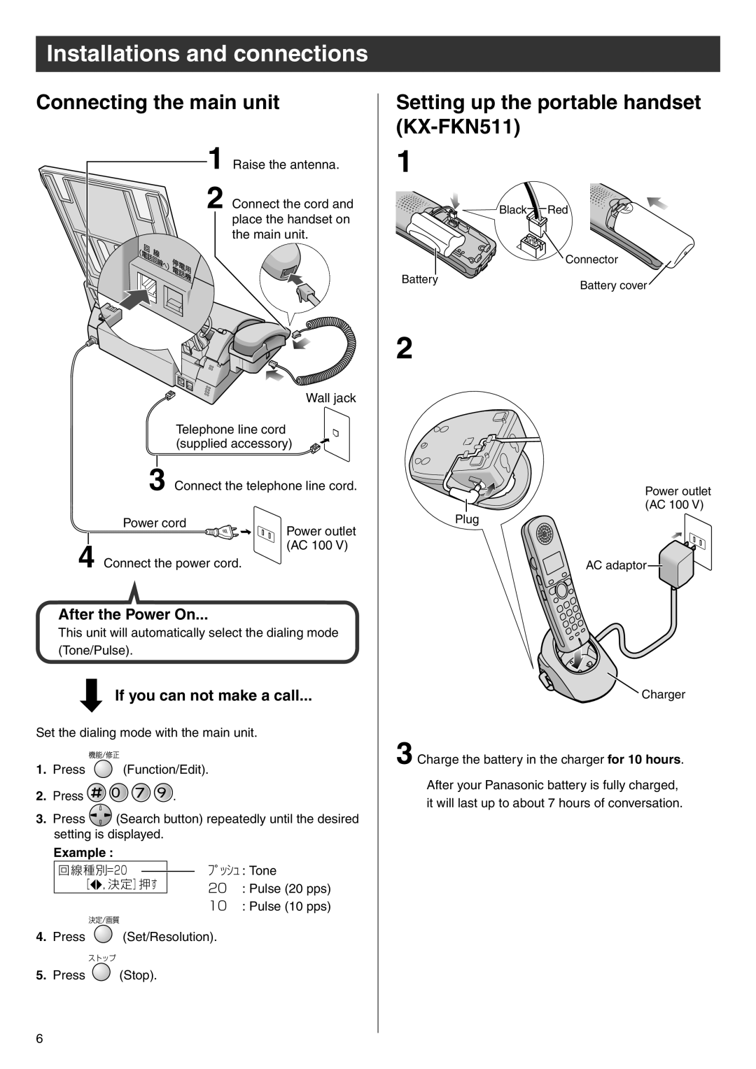 Panasonic KX-PW603DL manual Connecting the main unit, Setting up the portable handset KX-FKN511, Example 