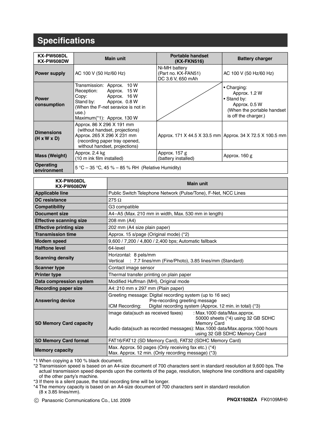 Panasonic KX-PW608DL, KX-PW608DW specifications Specifications 