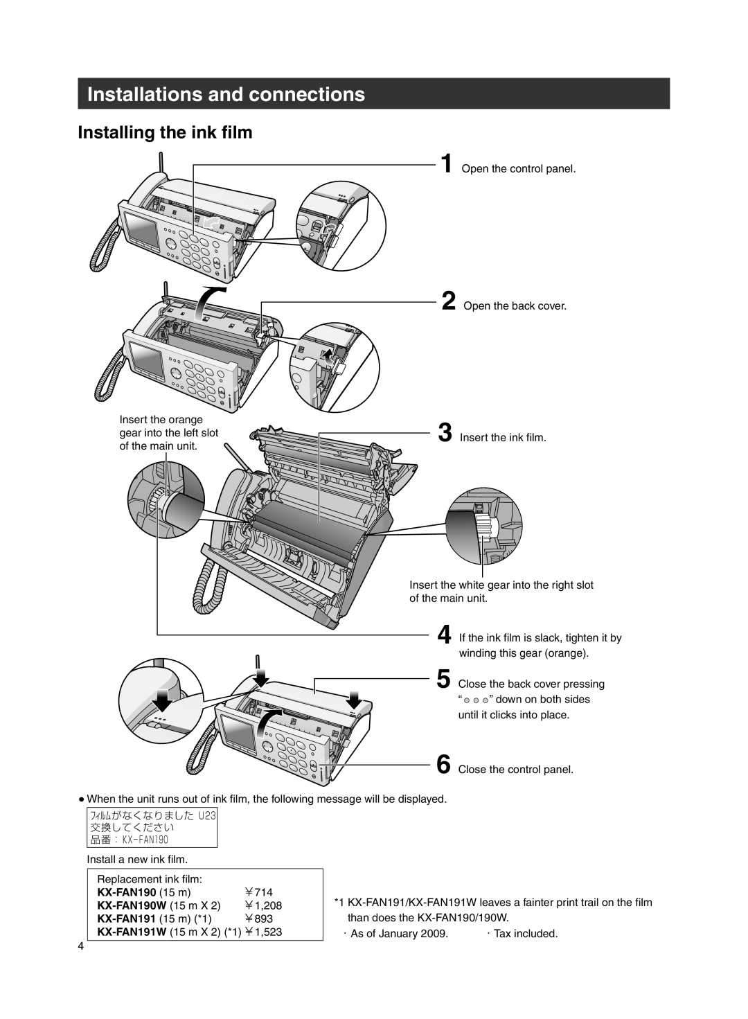 Panasonic KX-PW608DL, KX-PW608DW specifications Installations and connections, Installing the ink film, KX-FAN190, KX-FAN191 