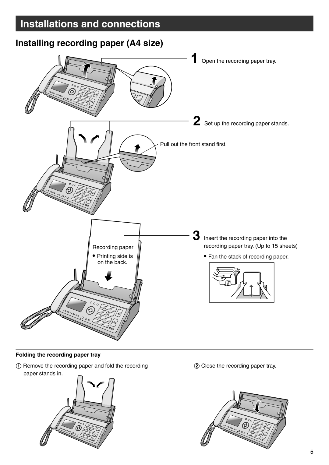 Panasonic KX-PW708DWE5 Installing recording paper A4 size, Installations and connections, Folding the recording paper tray 