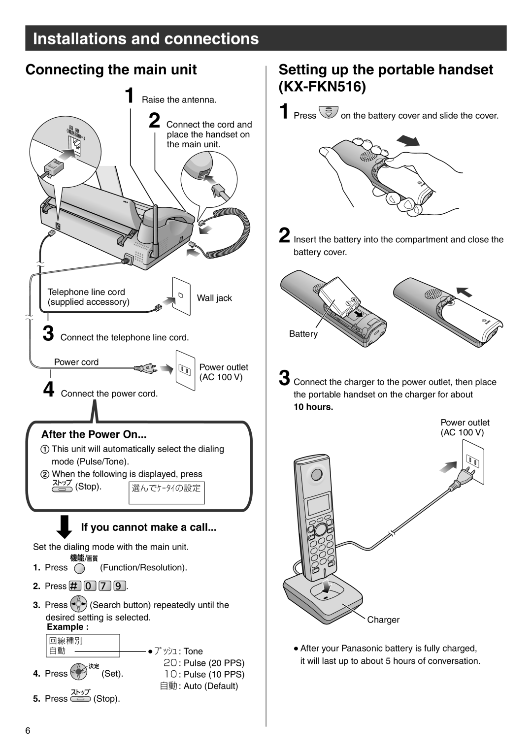 Panasonic KX-PW708DLE5 Connecting the main unit, Setting up the portable handset KX-FKN516, After the Power On, Example 