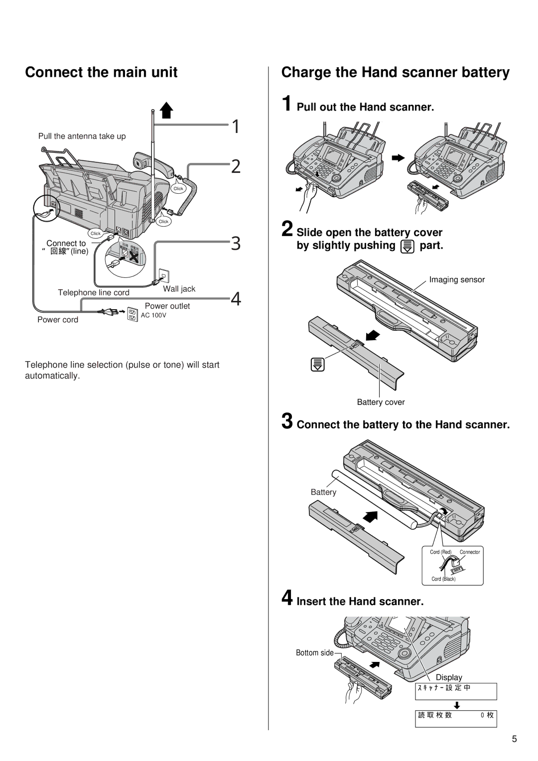 Panasonic KX-PW76CL specifications Connect the main unit, Charge the Hand scanner battery 