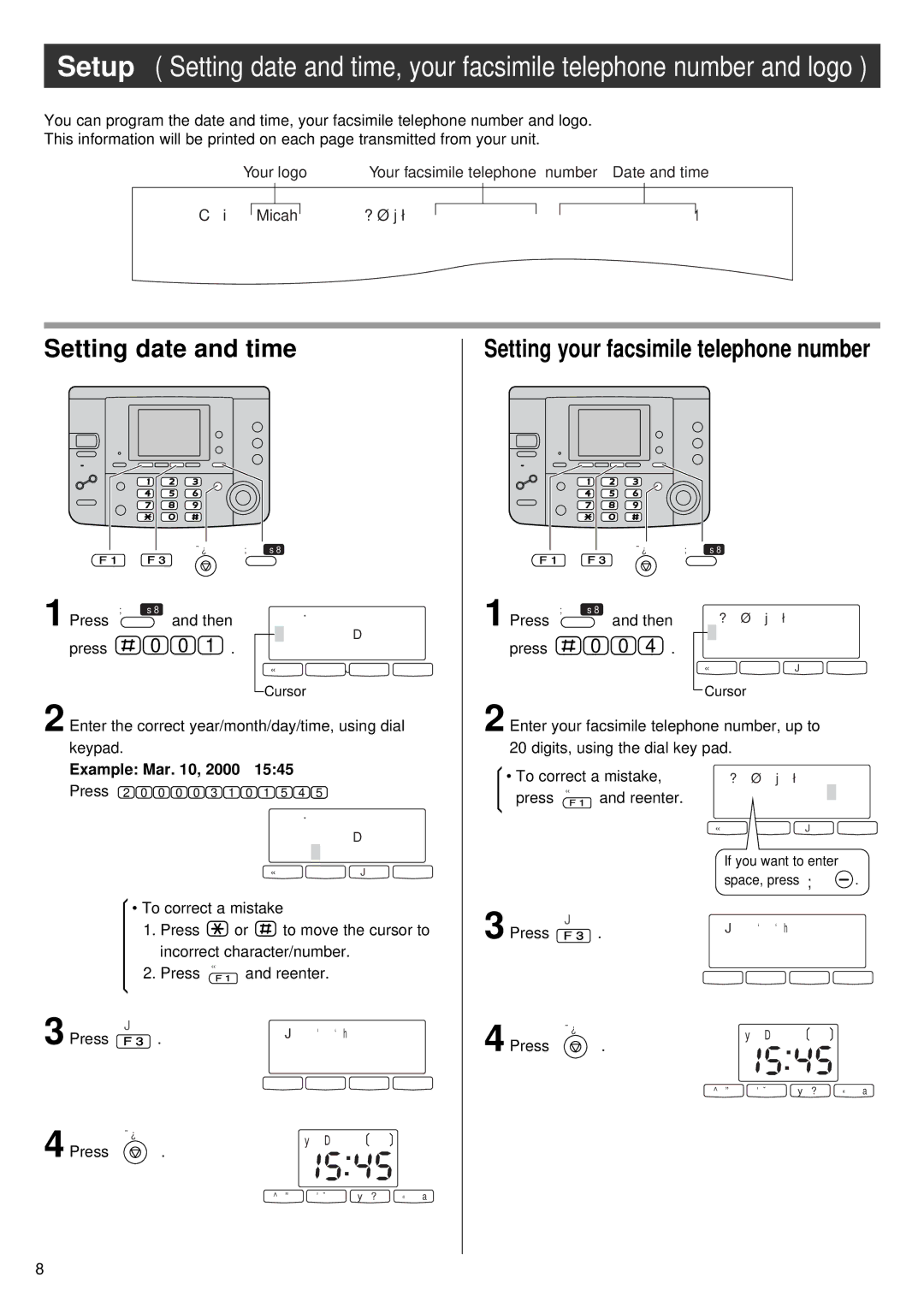 Panasonic KX-PW76CL Setting date and time, Setting your facsimile telephone number, Press Then, Example Mar , 2000 