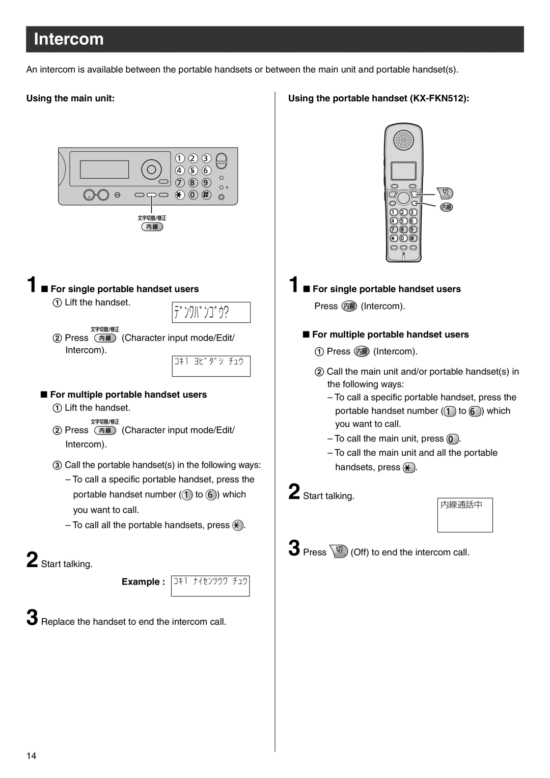 Panasonic KX-PW777E3 Intercom, Using the main unit For single portable handset users, For multiple portable handset users 