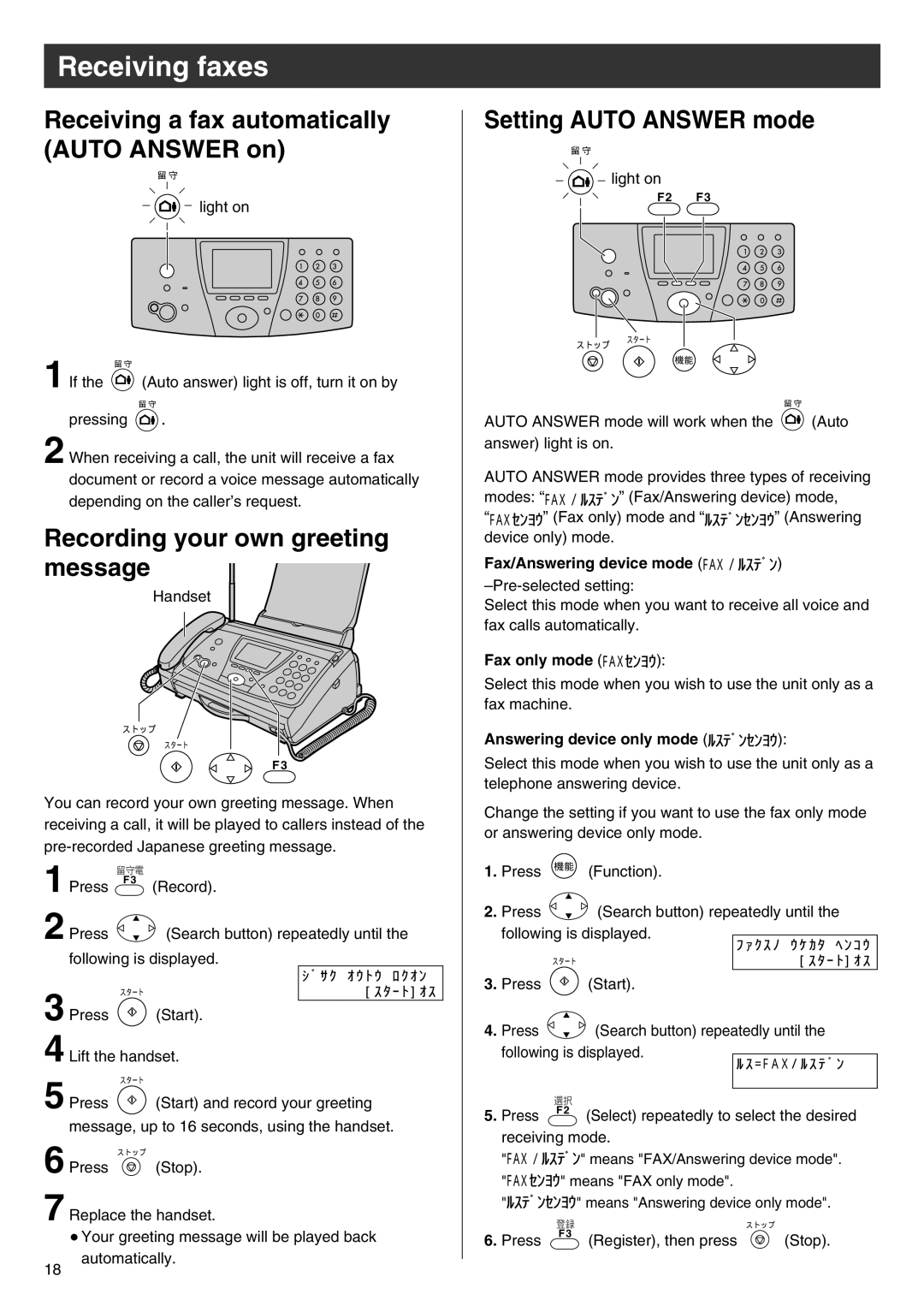 Panasonic KX-PW88CL Recording your own greeting message, Fax/Answering device mode FAX / ﾙｽﾃﾞﾝ, Fax only mode FAXｾﾝﾖｳ 