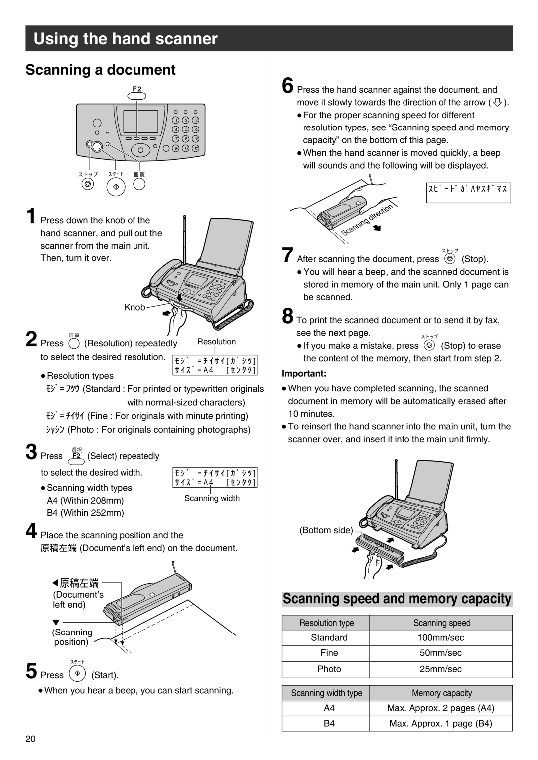 Panasonic KX-PW88CL manual Using the hand scanner, Scanning a document 