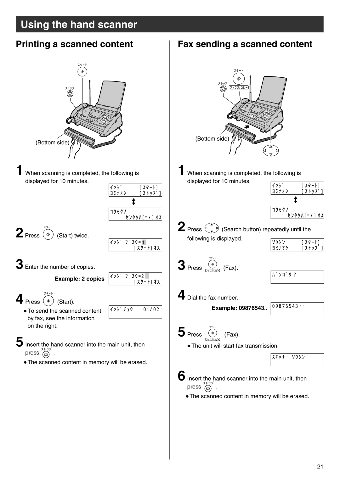 Panasonic KX-PW88CL manual Printing a scanned content, Fax sending a scanned content, Example 2 copies 