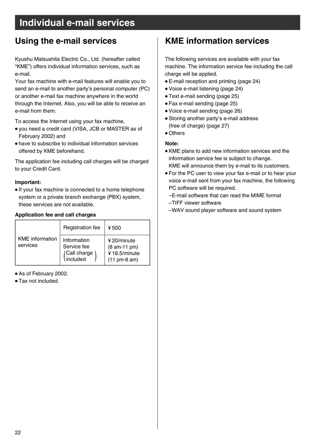 Panasonic KX-PW88CL manual Individual e-mail services, Using the e-mail services, KME information services 