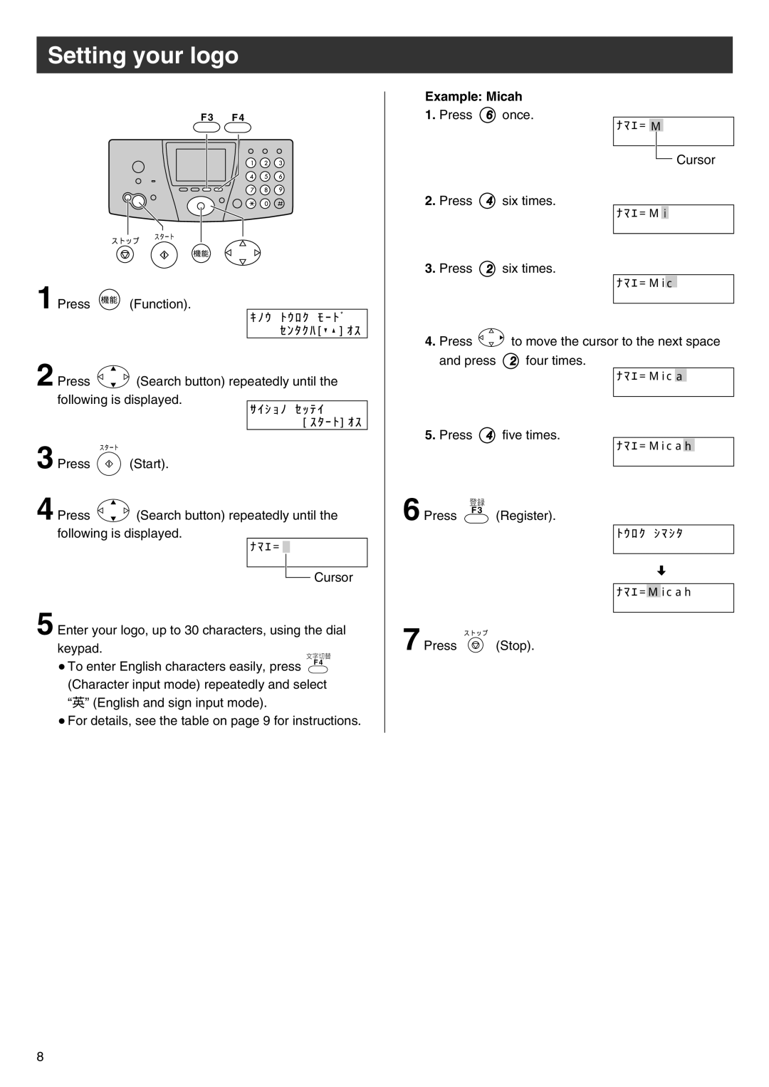 Panasonic KX-PW88CL manual Setting your logo, Example Micah 