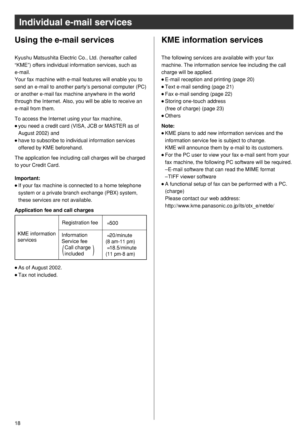 Panasonic KX-PW90CL specifications Individual e-mail services, Using the e-mail services, KME information services 