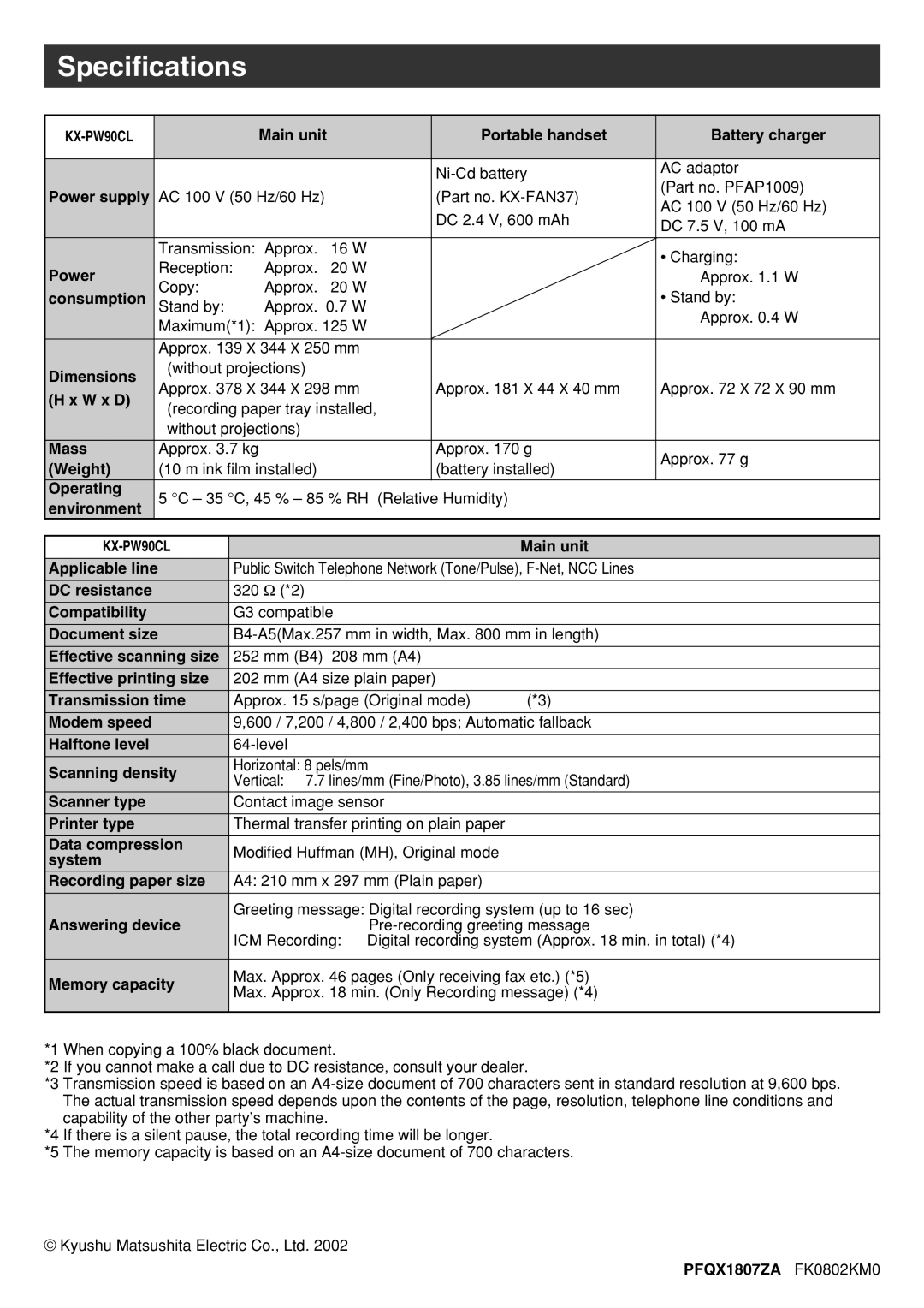 Panasonic KX-PW90CL specifications Specifications 