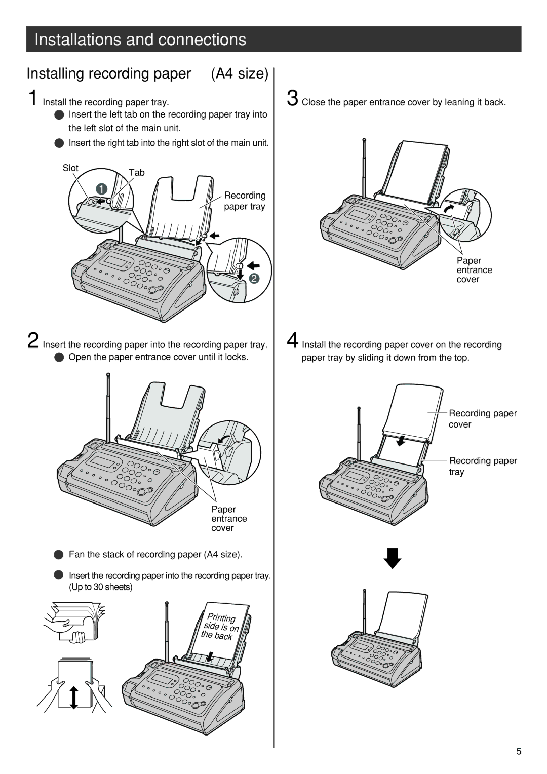 Panasonic KX-PW90CL specifications Installing recording paper A4 size, Printing side is on the back 