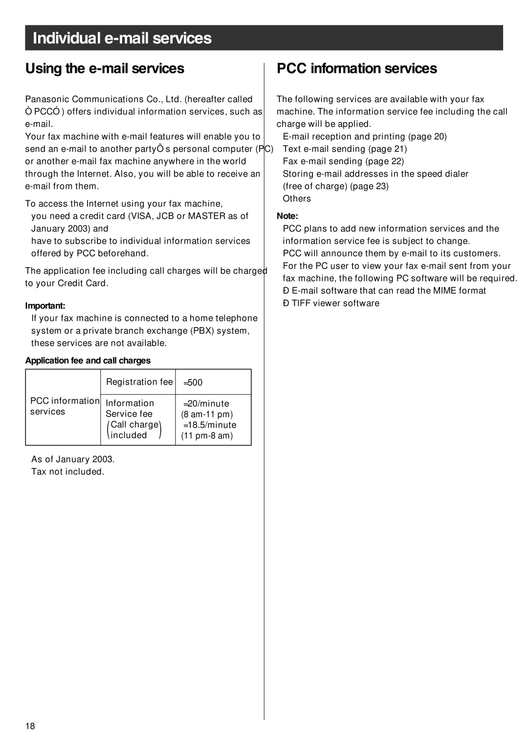 Panasonic KX-PW92CW specifications Individual e-mail services, Using the e-mail services, PCC information services 