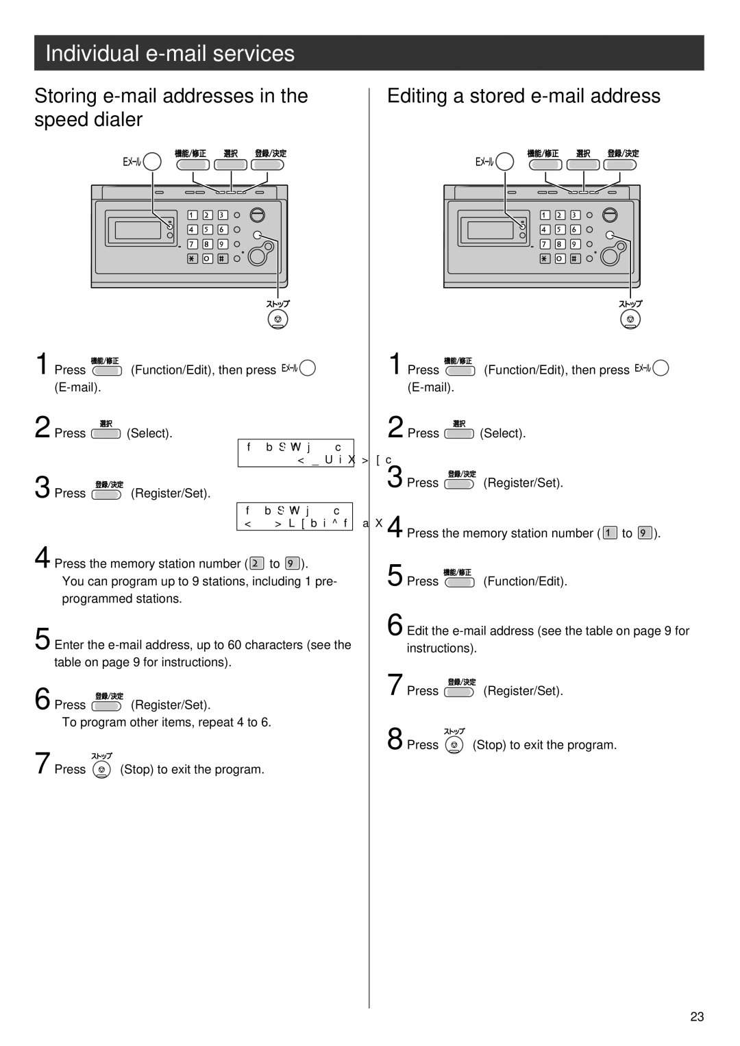 Panasonic KX-PW92CW specifications Storing e-mail addresses in the speed dialer, Editing a stored e-mail address 