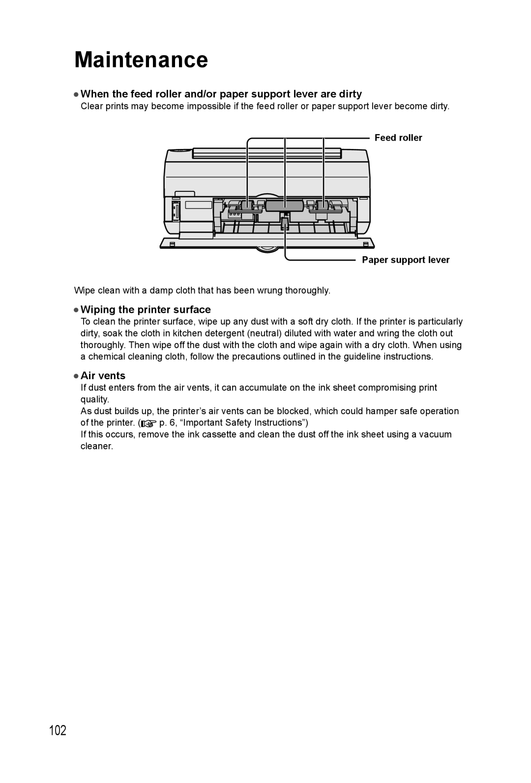 Panasonic KX-PX20M Maintenance, When the feed roller and/or paper support lever are dirty, Wiping the printer surface 