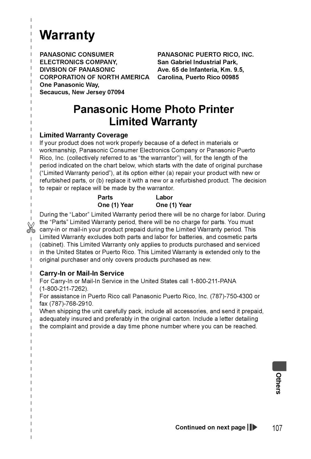 Panasonic KX-PX20M operating instructions 107, Limited Warranty Coverage, Carry-In or Mail-In Service 