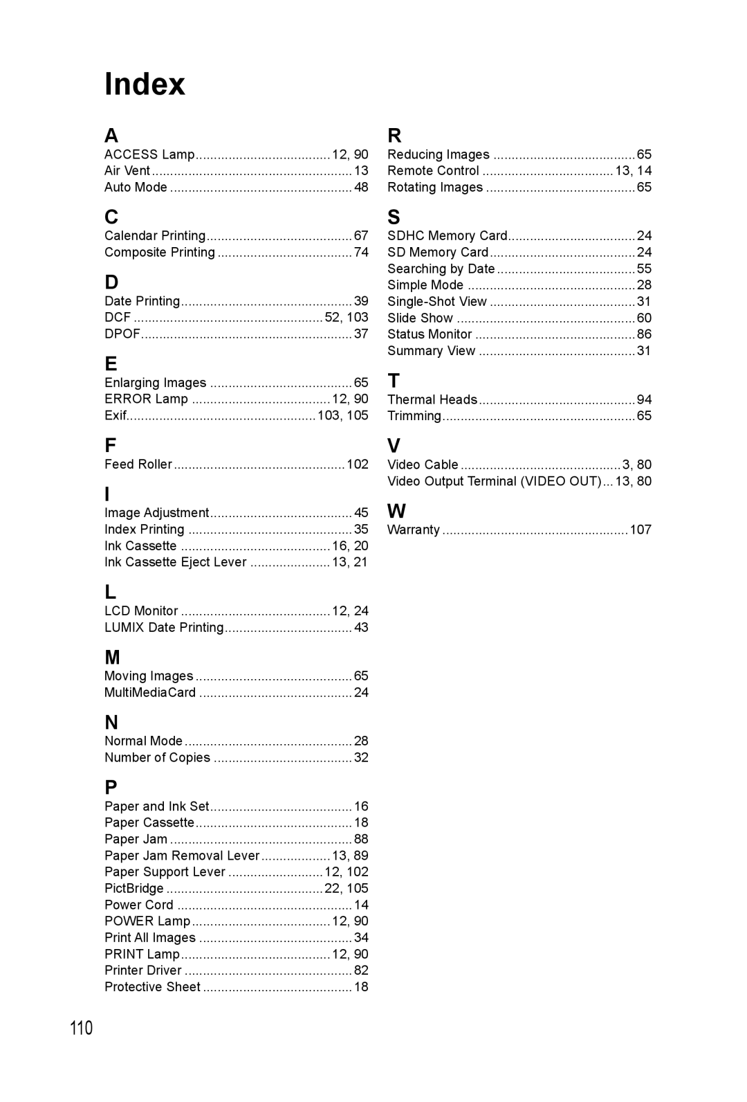 Panasonic KX-PX20M operating instructions Index, 102 