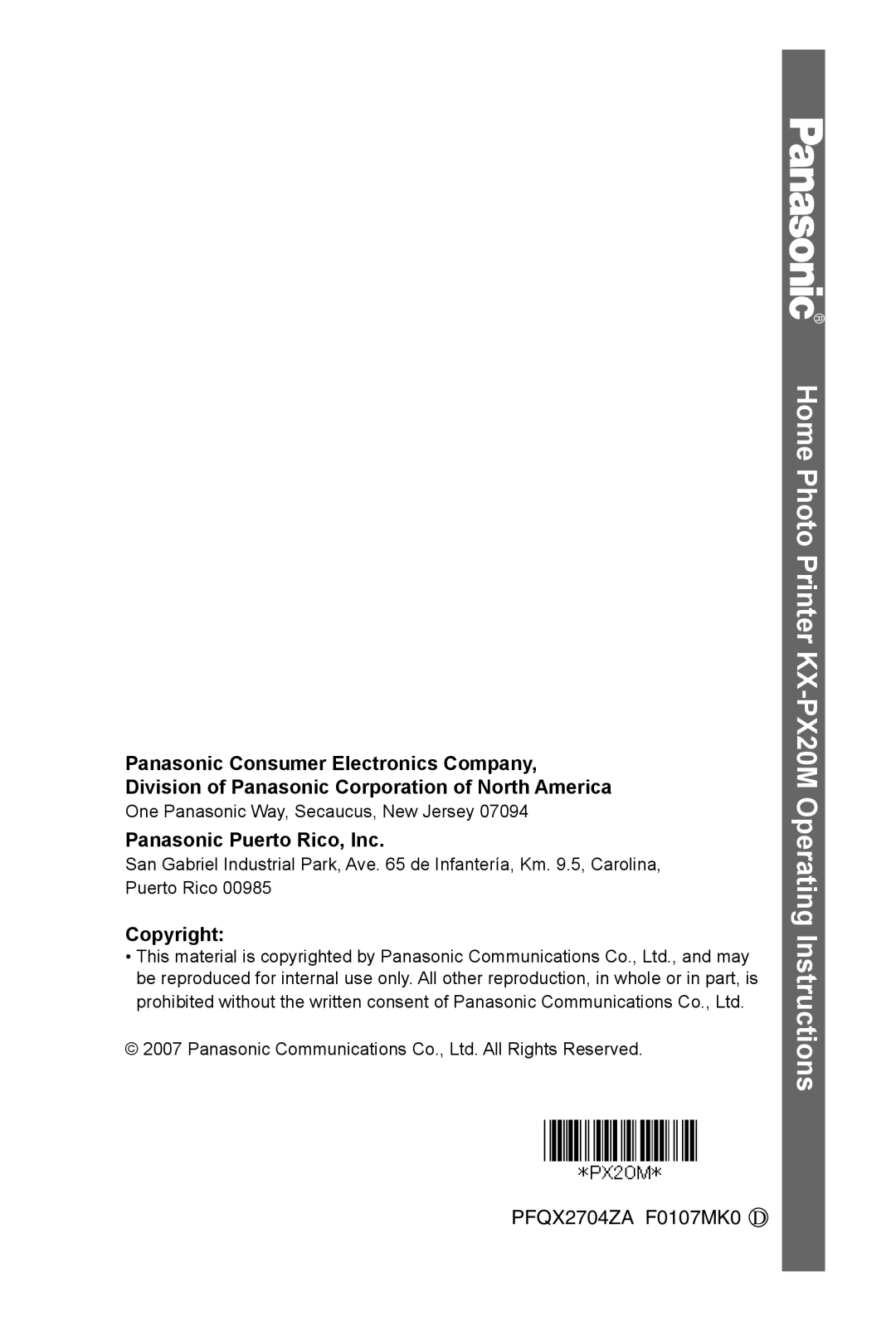 Panasonic KX-PX20M operating instructions Panasonic Puerto Rico, Inc, Copyright 