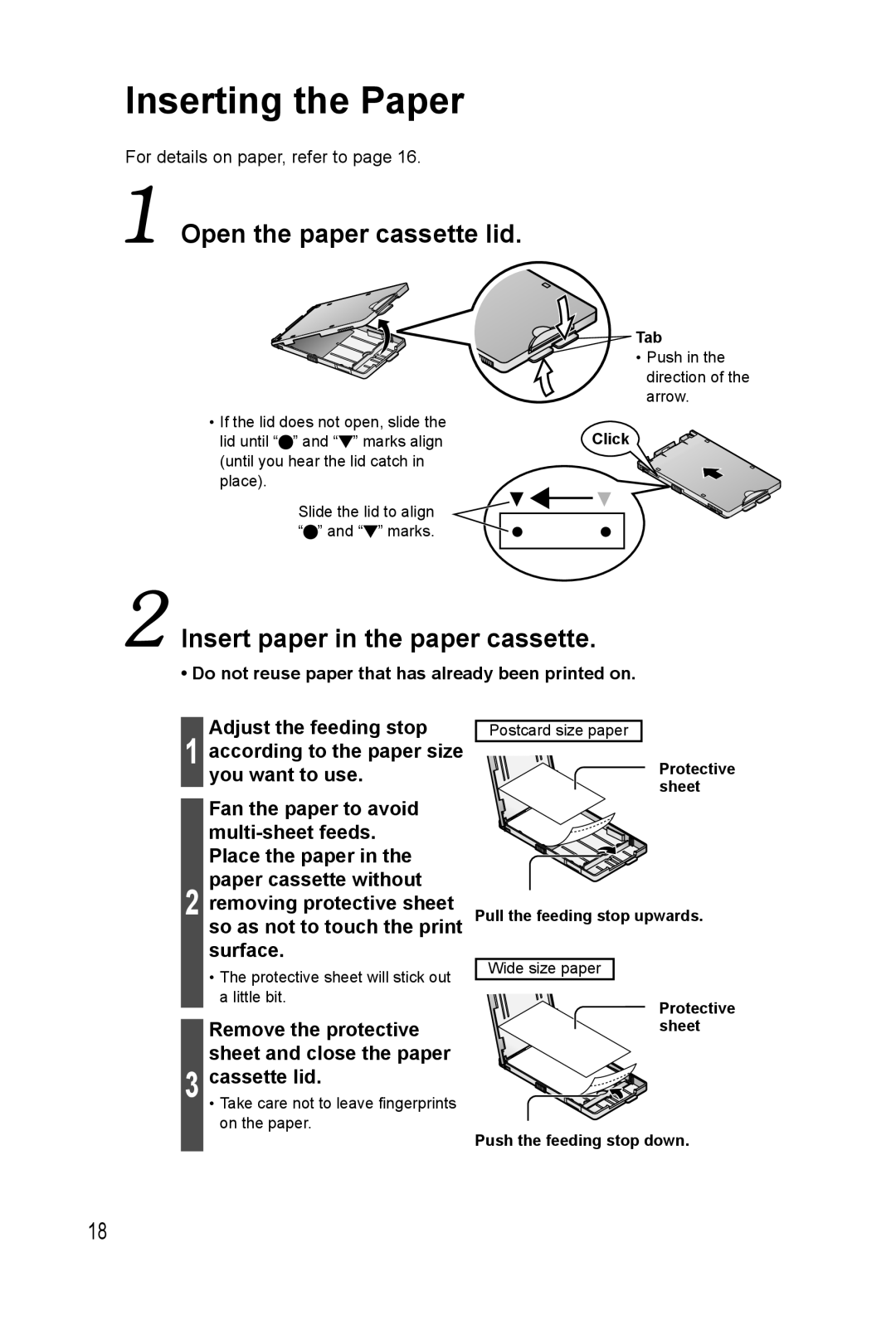 Panasonic KX-PX20M operating instructions Inserting the Paper, Do not reuse paper that has already been printed on 