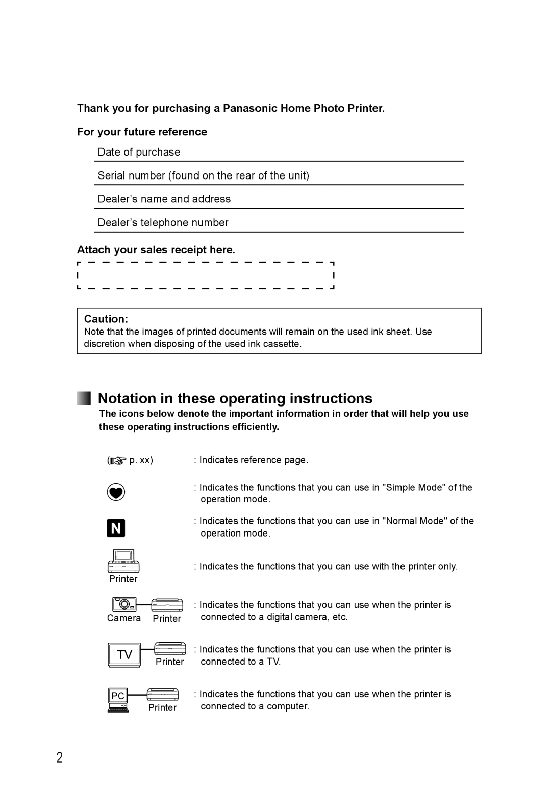 Panasonic KX-PX20M Notation in these operating instructions, Attach your sales receipt here 