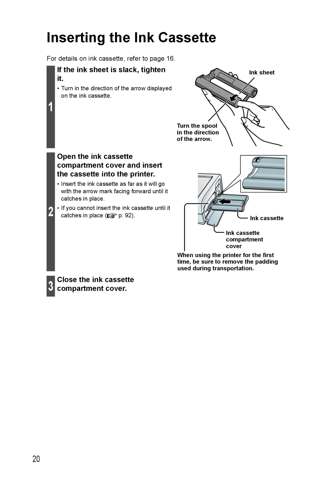 Panasonic KX-PX20M operating instructions Inserting the Ink Cassette, If the ink sheet is slack, tighten it, Ink sheet 