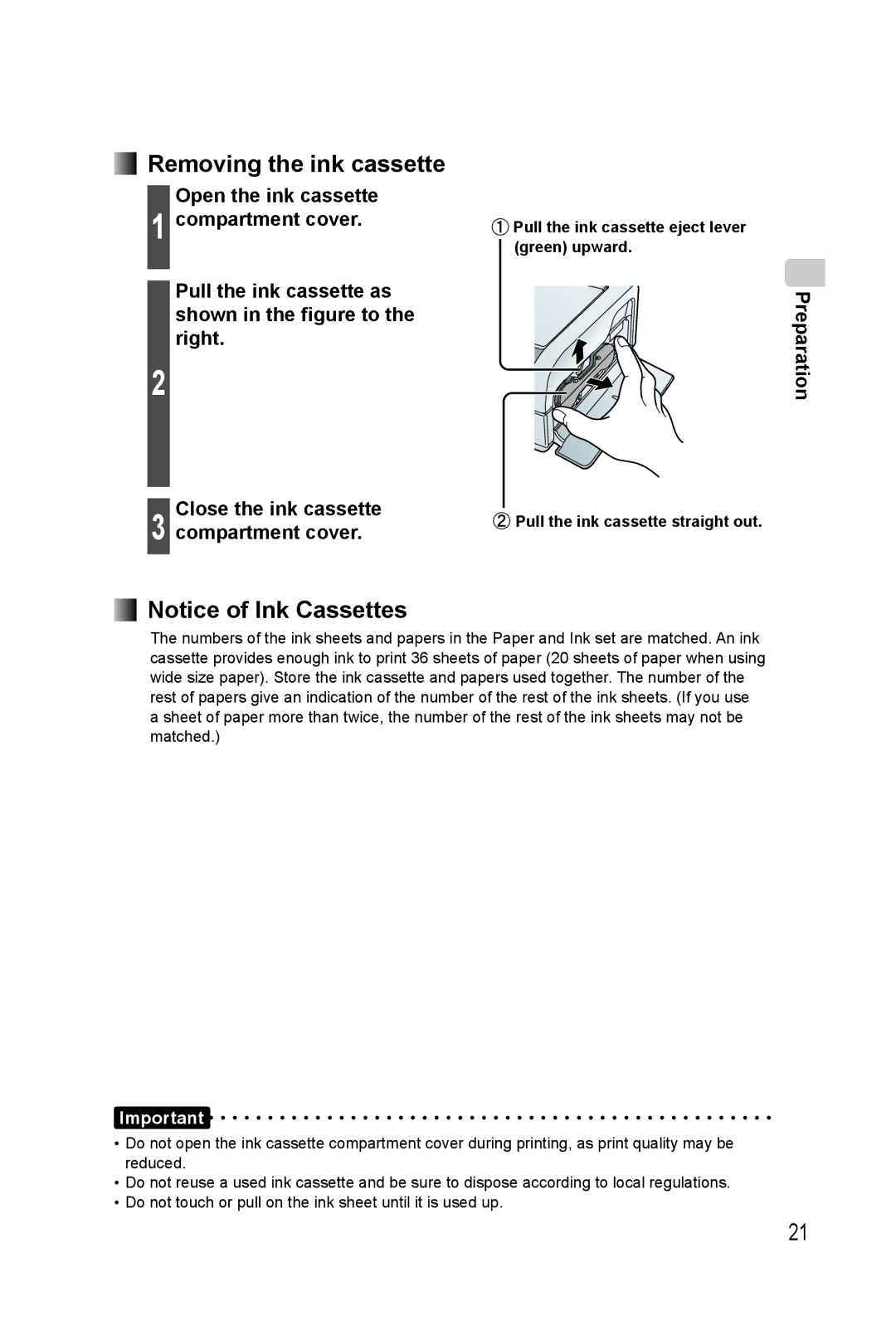 Panasonic KX-PX20M operating instructions Removing the ink cassette, Preparation 