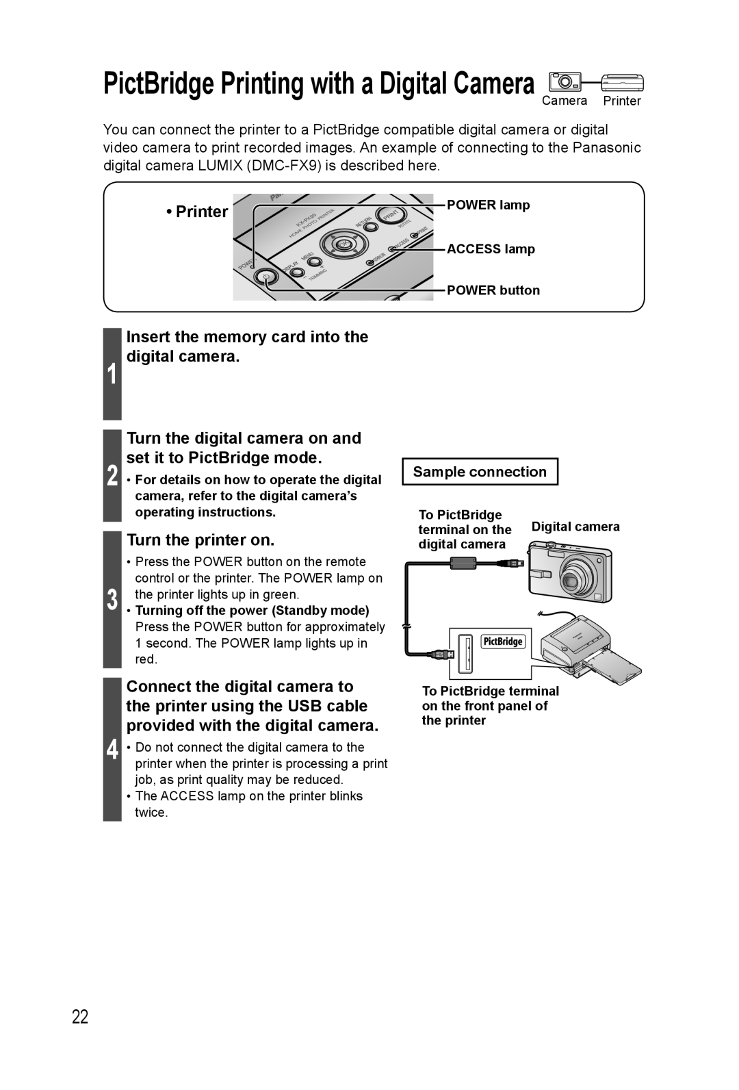 Panasonic KX-PX20M Turn the printer on, Sample connection, Printer Power lamp Access lamp Power button, To PictBridge 