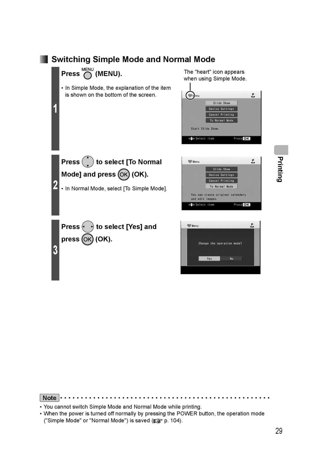 Panasonic KX-PX20M Switching Simple Mode and Normal Mode, Press to select To Normal Mode and press OK 