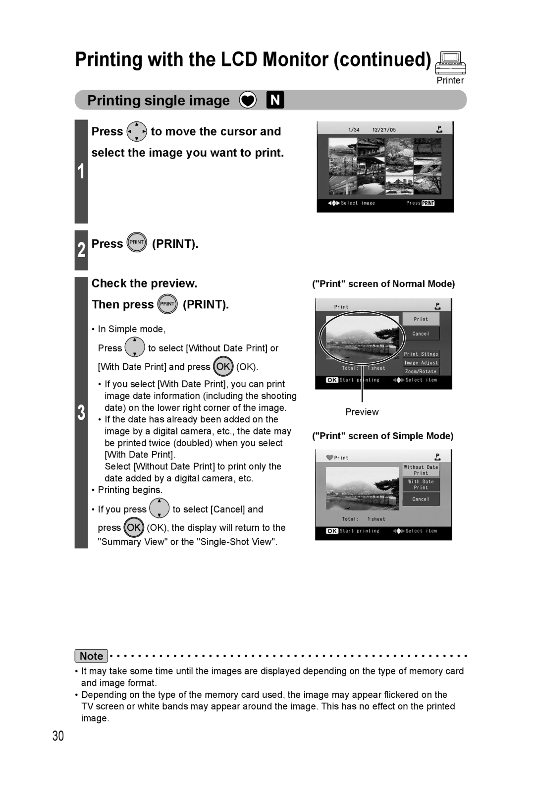 Panasonic KX-PX20M operating instructions Printing single image, Print screen of Normal Mode, Print screen of Simple Mode 