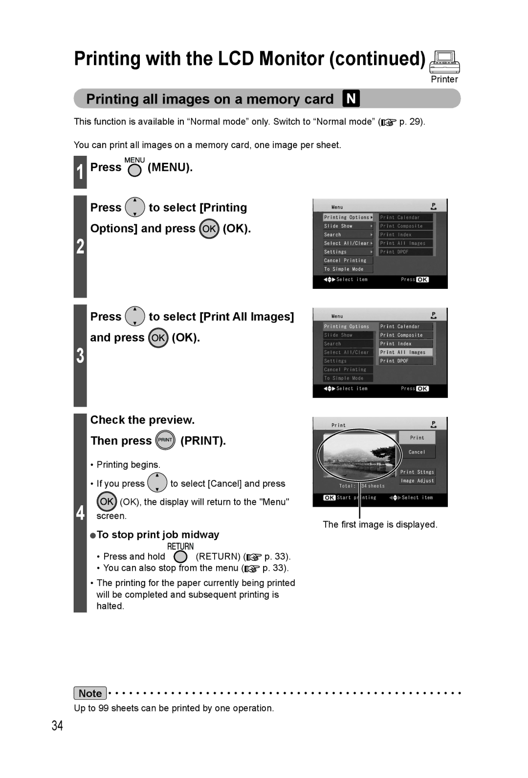 Panasonic KX-PX20M operating instructions Printing all images on a memory card, Return 