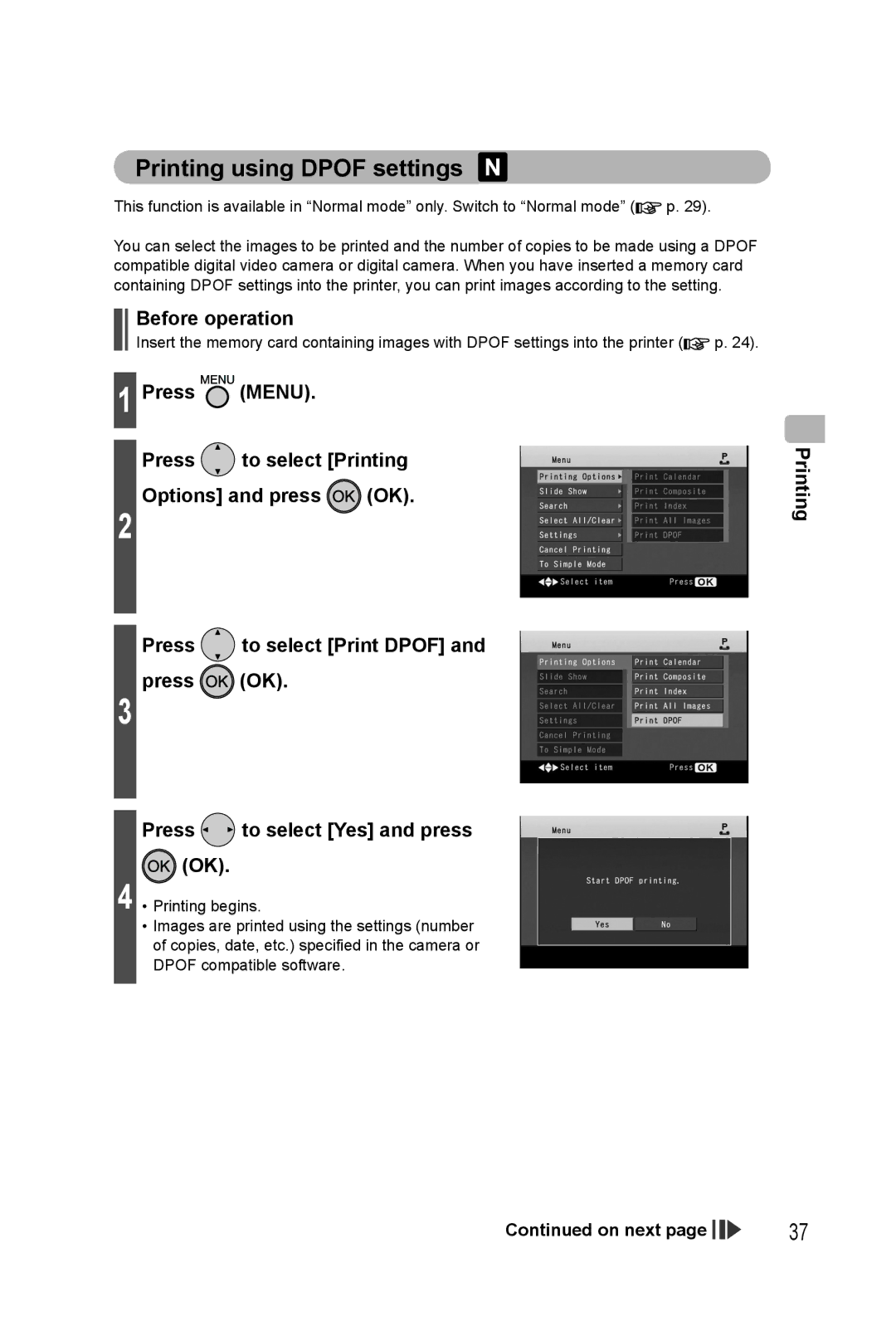 Panasonic KX-PX20M operating instructions Printing using Dpof settings, Before operation 