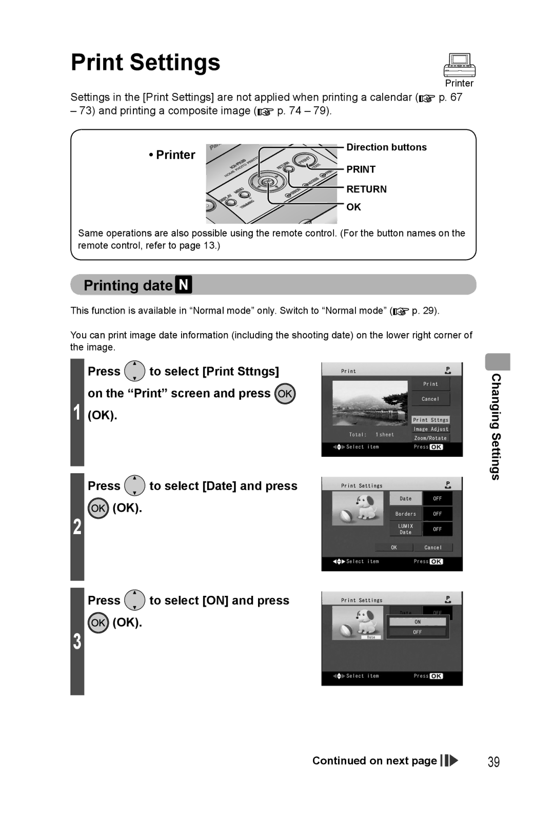 Panasonic KX-PX20M operating instructions Print Settings, Printing date, Direction buttons 