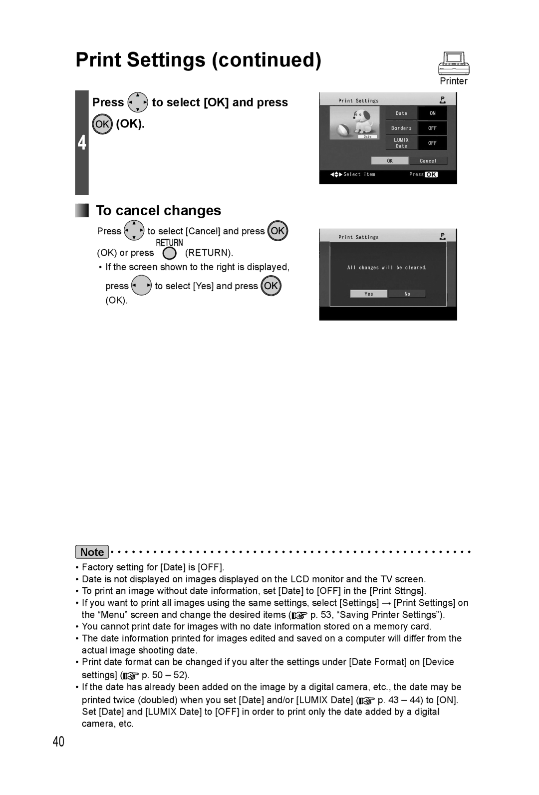 Panasonic KX-PX20M operating instructions Print Settings, Press to select OK and press OK 