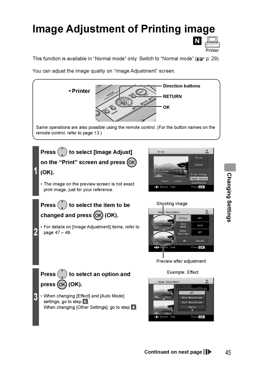 Panasonic KX-PX20M Image Adjustment of Printing image, Press to select Image Adjust on the Print screen and press 