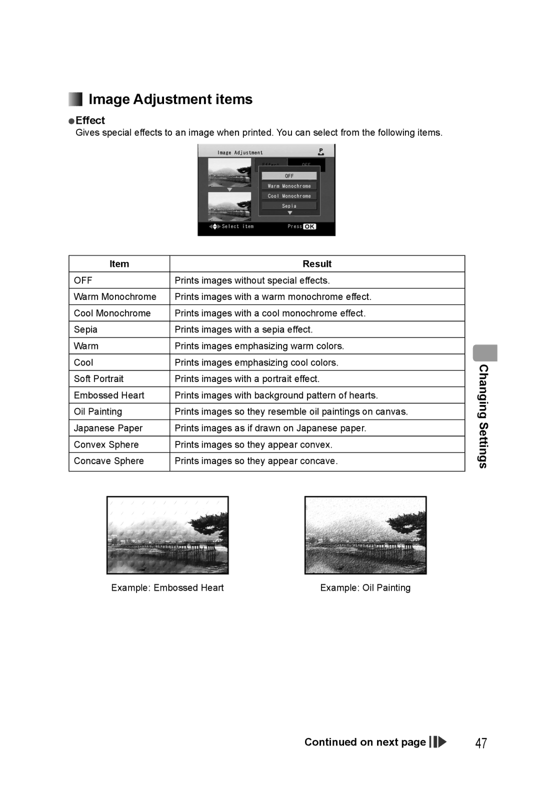 Panasonic KX-PX20M operating instructions Image Adjustment items, Effect, Result 