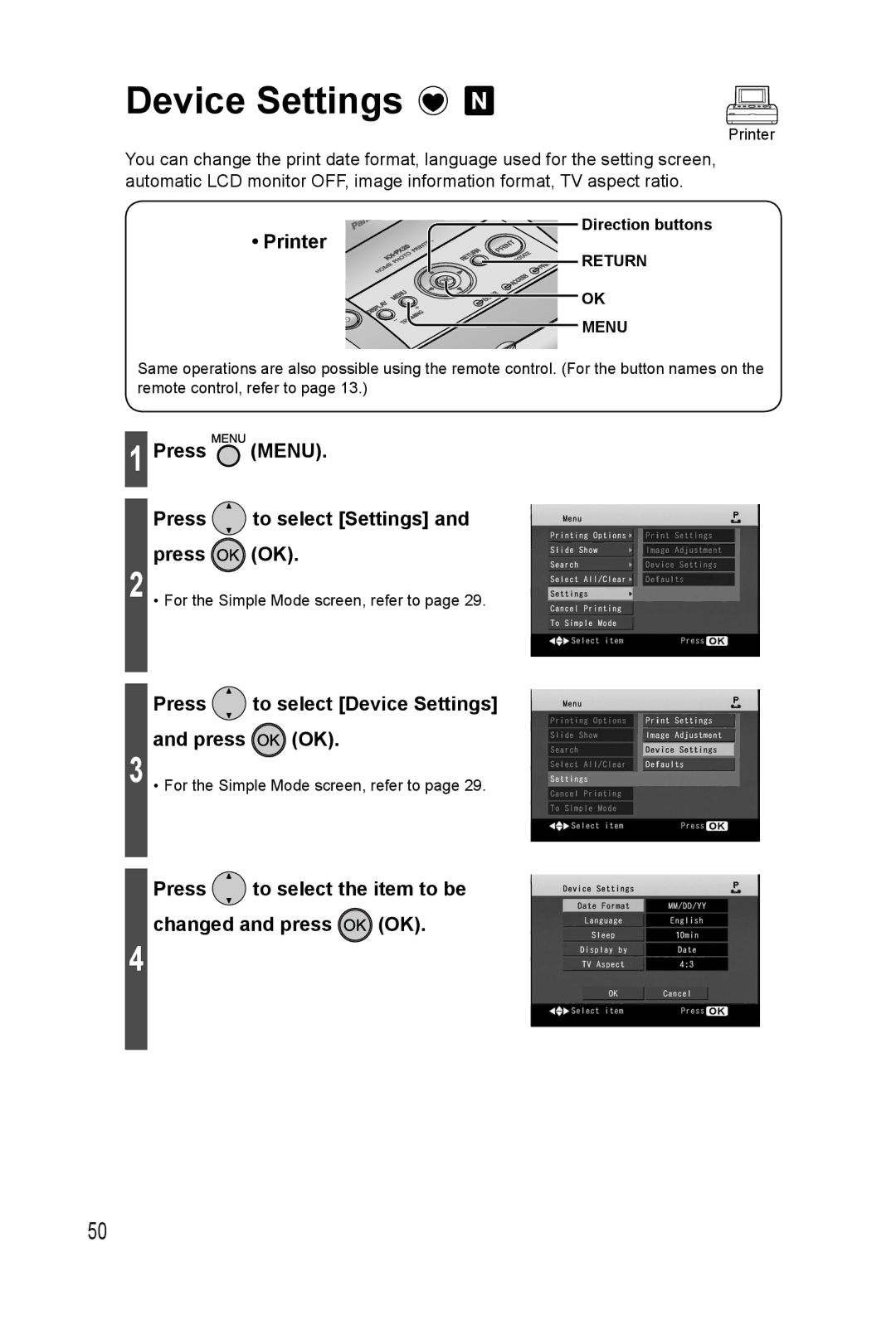 Panasonic KX-PX20M Press Menu Press to select Settings Press OK, Press to select Device Settings Press OK 