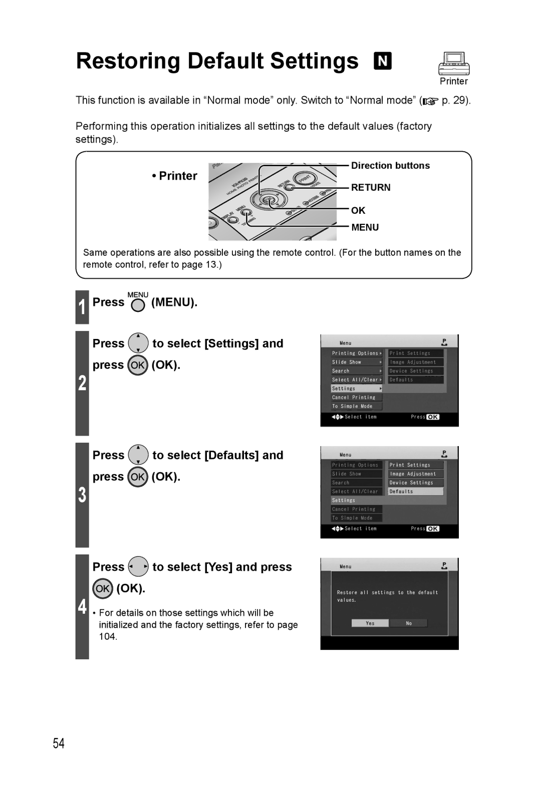 Panasonic KX-PX20M operating instructions Restoring Default Settings 