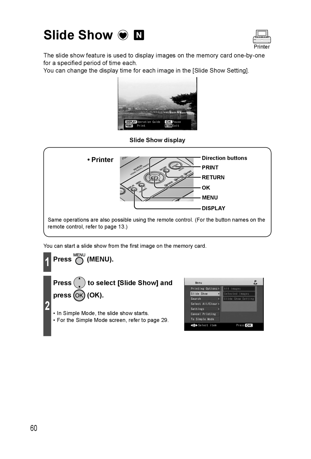 Panasonic KX-PX20M operating instructions Press Menu Press to select Slide Show Press OK, Slide Show display 