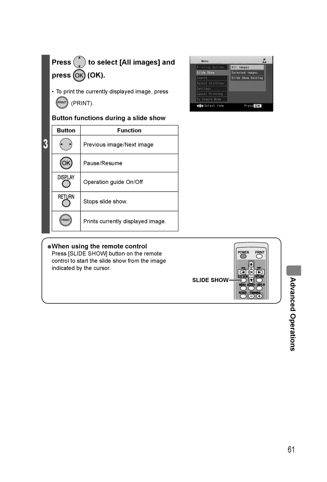 Panasonic KX-PX20M Press to select All images Press OK, Button functions during a slide show, Button Function 