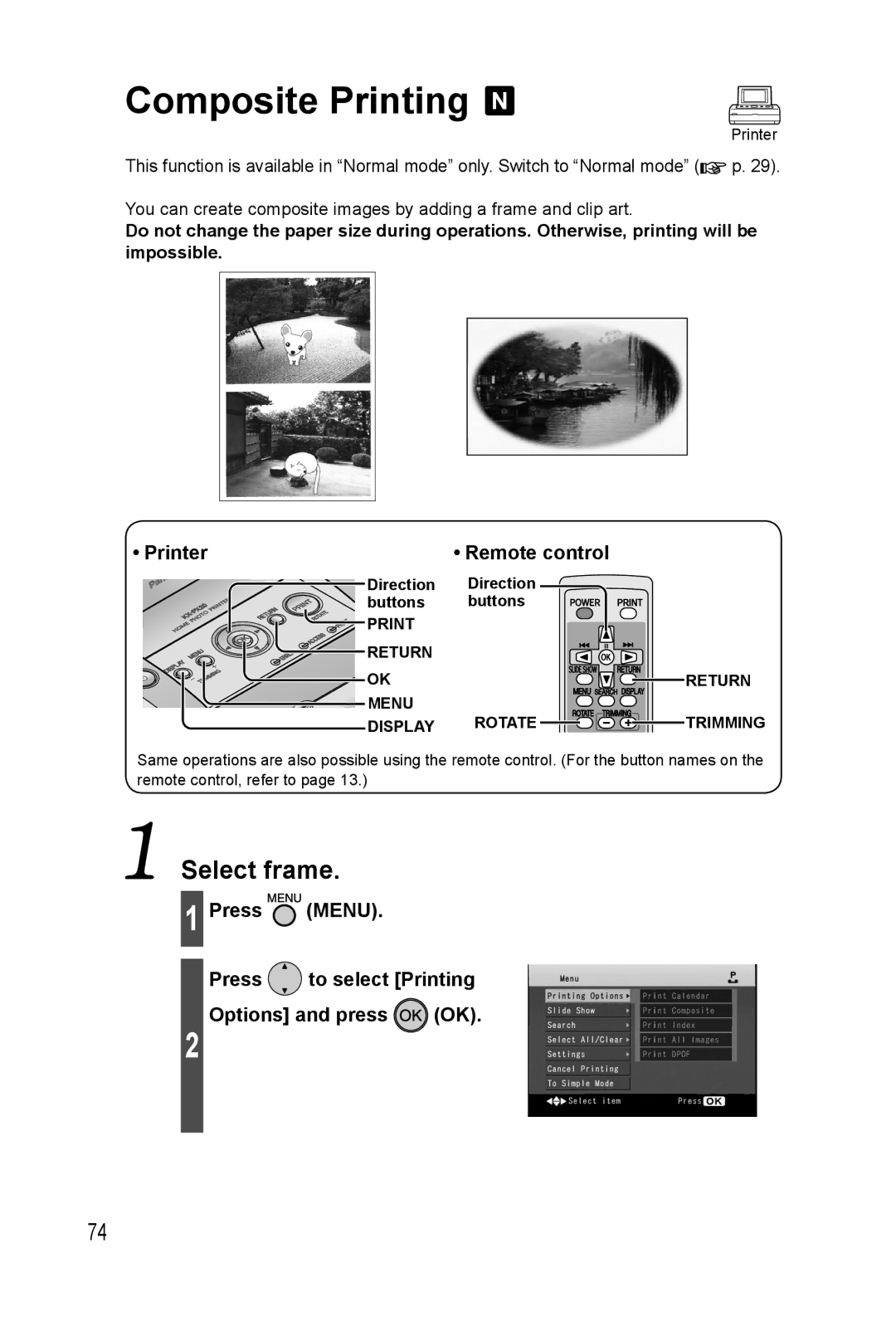 Panasonic KX-PX20M operating instructions Composite Printing, Press Menu Press to select Printing Options and press OK 