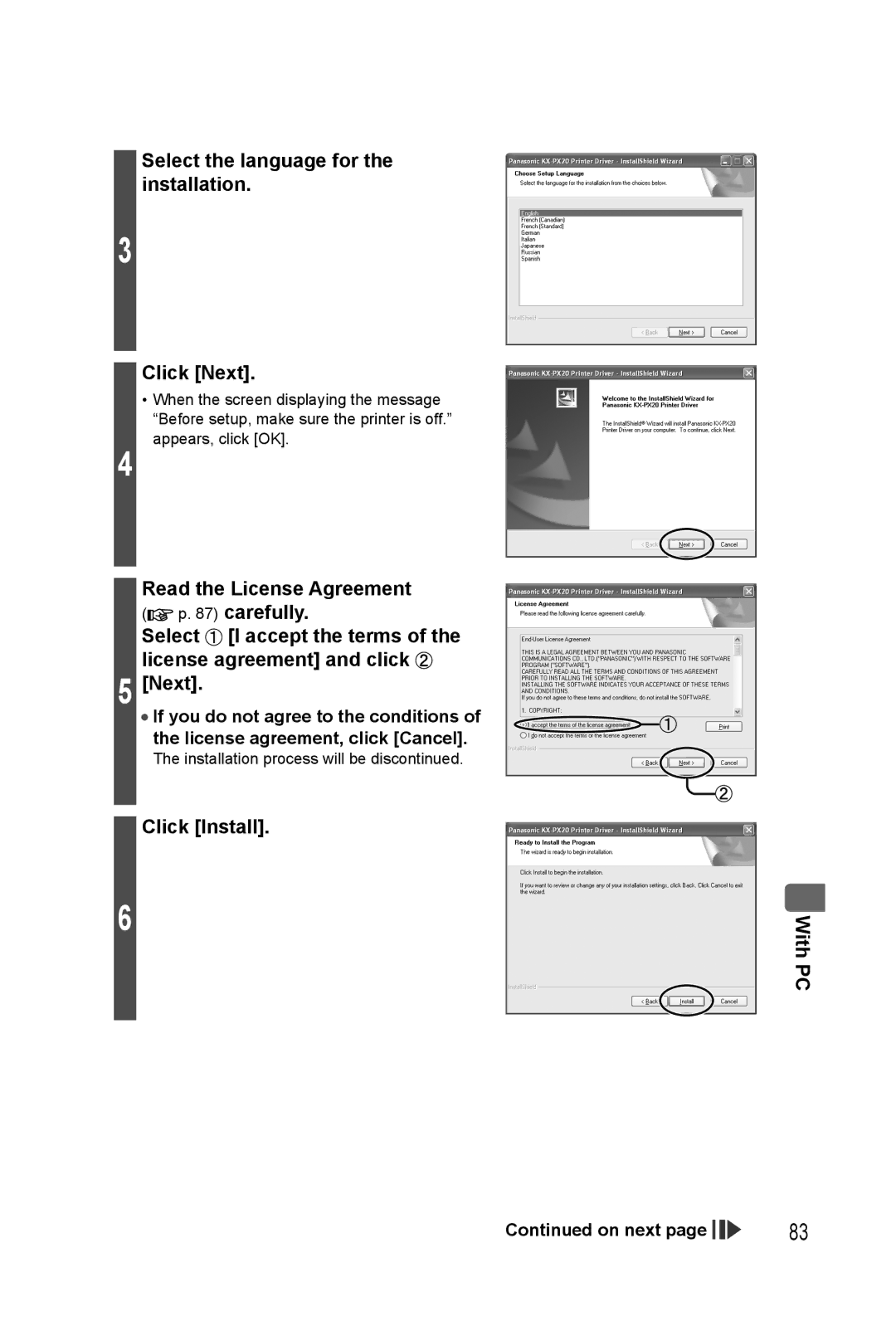 Panasonic KX-PX20M operating instructions Select the language for the installation Click Next, Click Install WithPC 