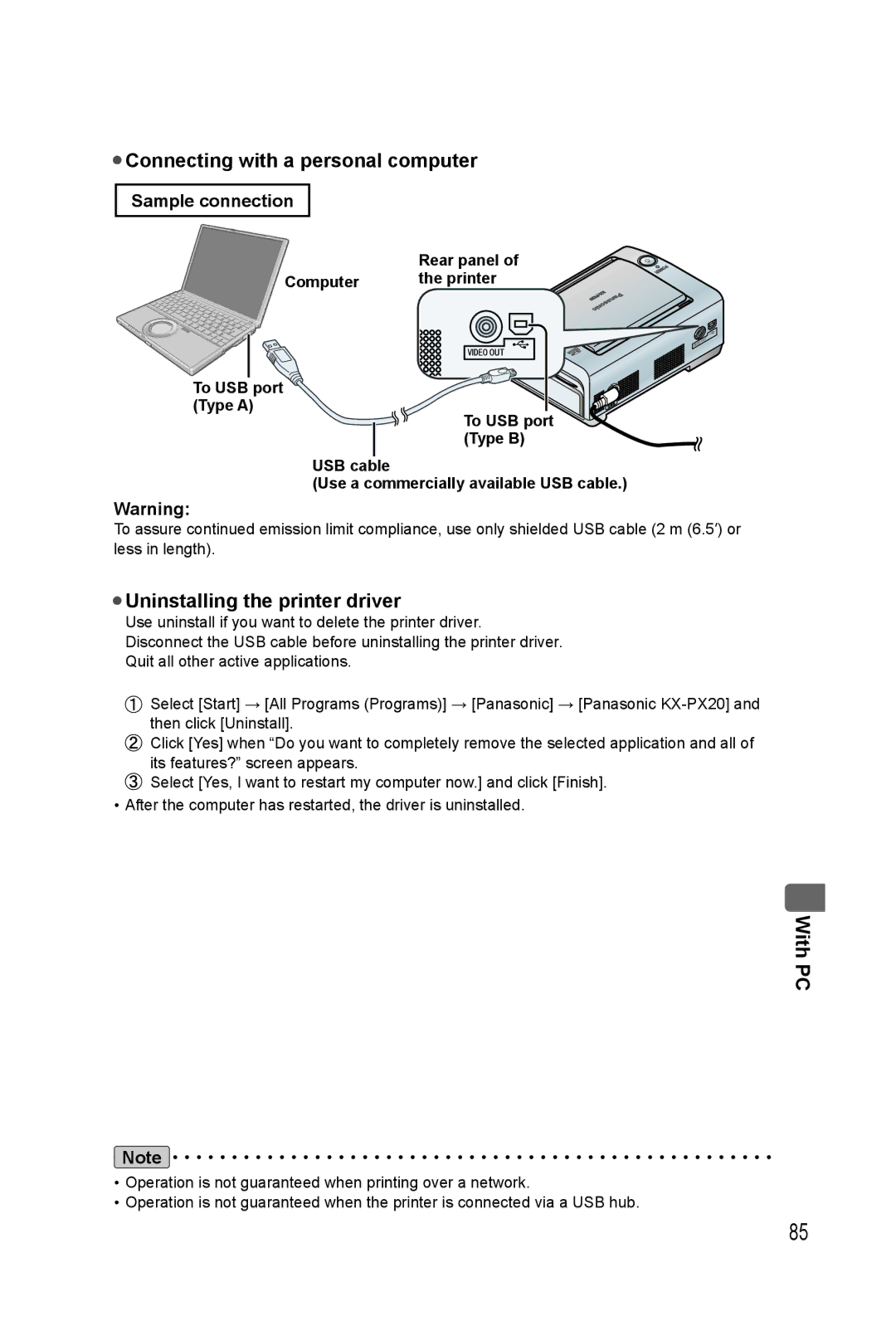 Panasonic KX-PX20M operating instructions Connecting with a personal computer, Uninstalling the printer driver 