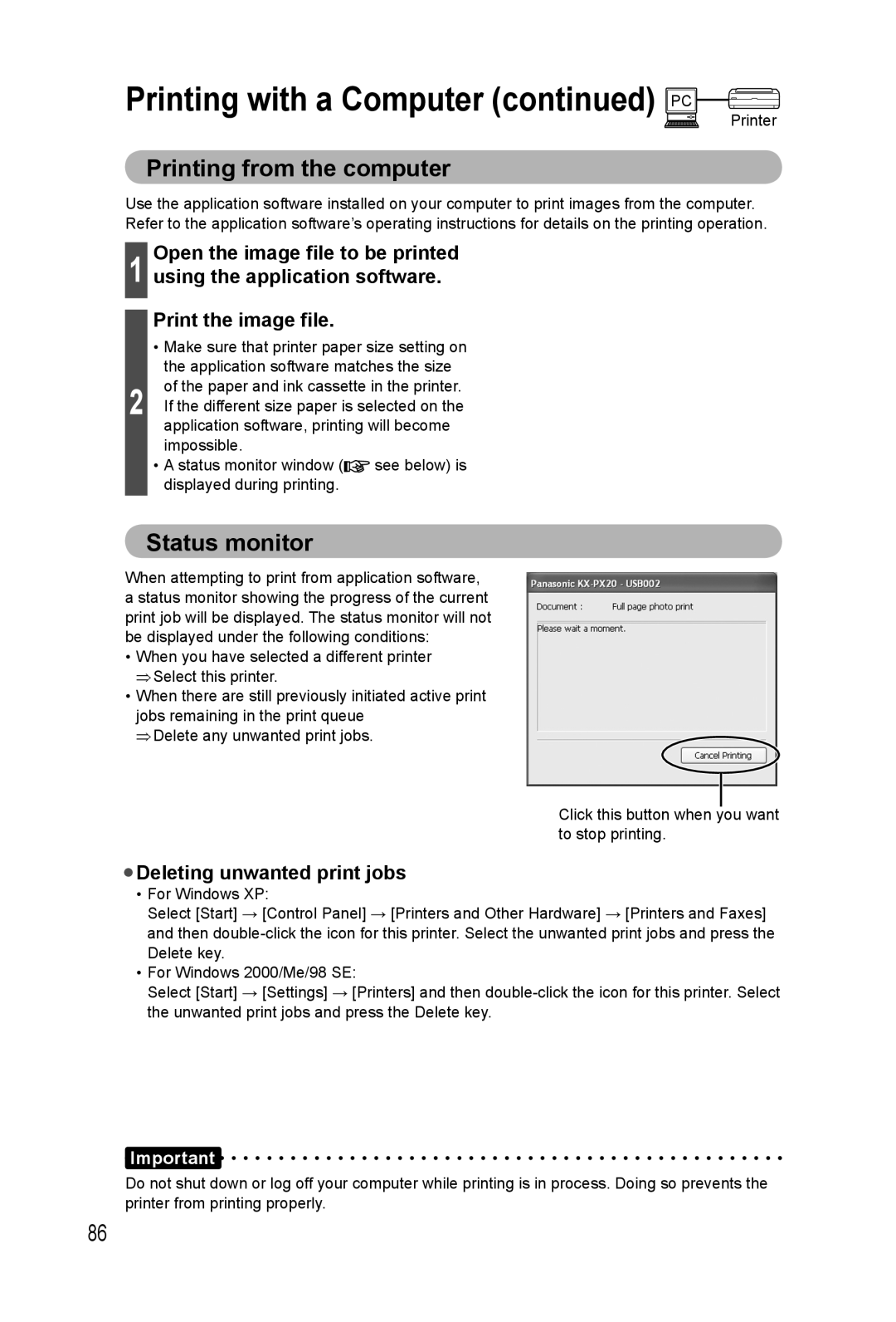 Panasonic KX-PX20M operating instructions Printing from the computer, Status monitor, Deleting unwanted print jobs 