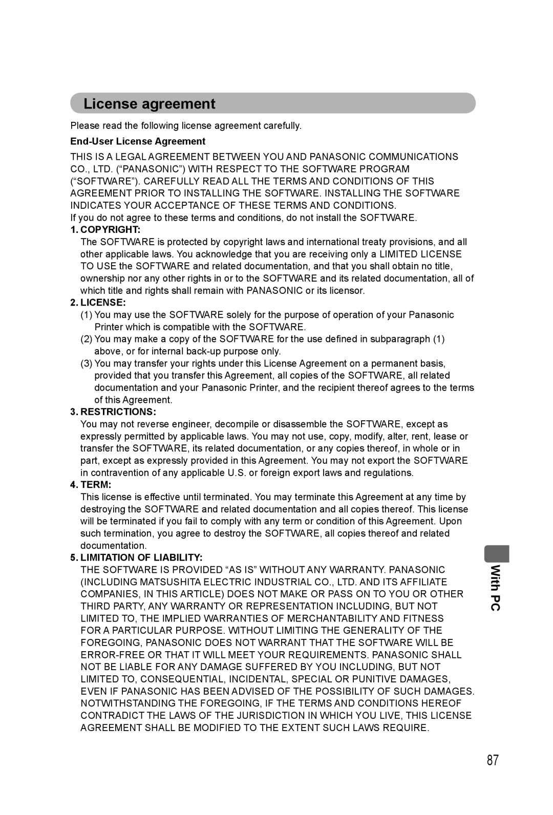 Panasonic KX-PX20M operating instructions License agreement, End-User License Agreement, Term 