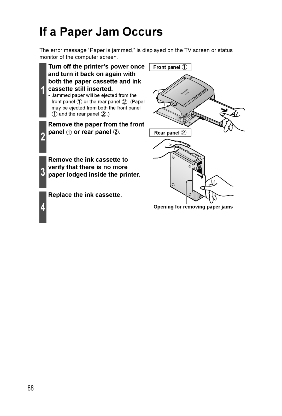 Panasonic KX-PX20M operating instructions If a Paper Jam Occurs, Replace the ink cassette, Front panel Rear panel 